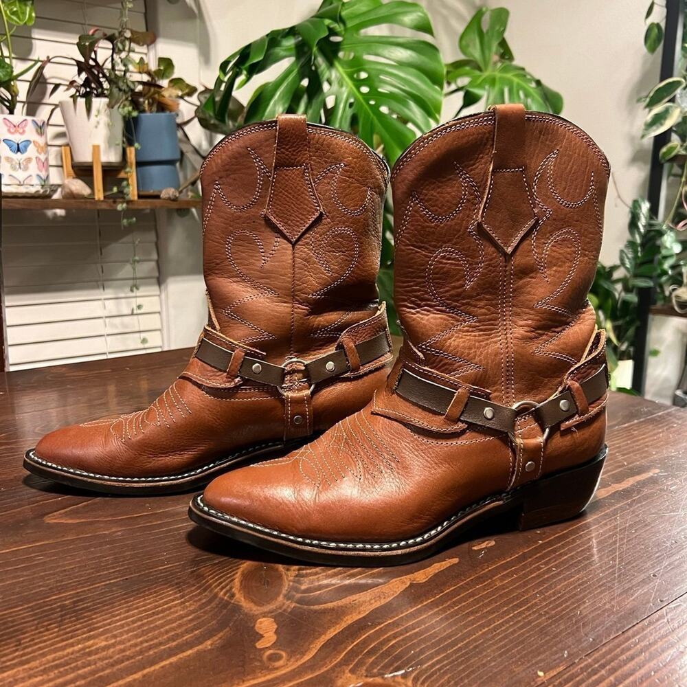 Vintage Vulcan Women’s Brown Leather Harness Cowboy Boots - Size 8.5 - Picture 4 of 7